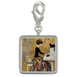 Gold Klimt Piano Lady with Black Cat Charm