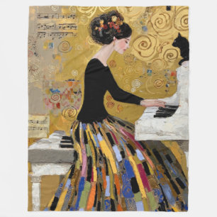 Gold Klimt Piano Lady with Black Cat Fleece Blanket