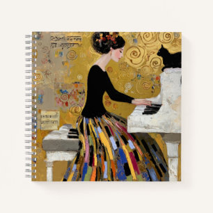 Gold Klimt Piano Lady with Black Cat Notebook