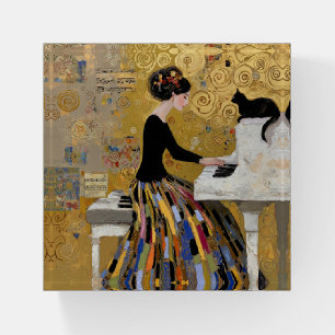 Gold Klimt Piano Lady with Black Cat Paperweight