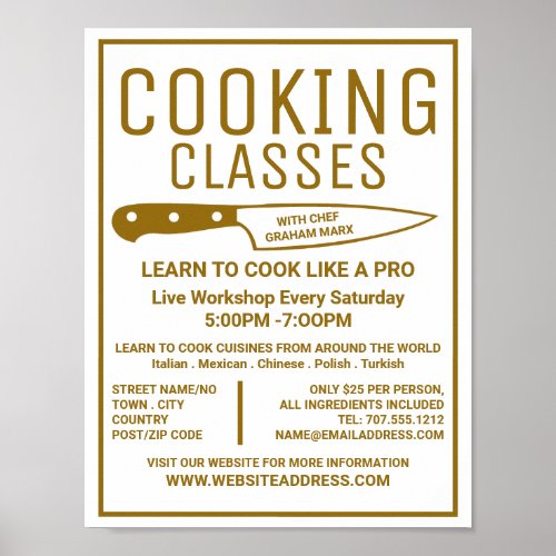 Gold Knife Gourmet Cooking Classes Advertising Poster
