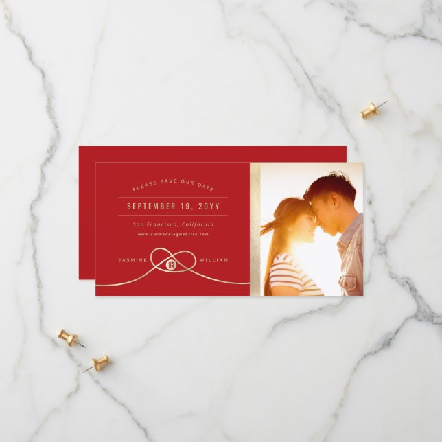 Gold Knot Double Happiness Chinese Wedding Photo Save The Date (Front/Back In Situ)