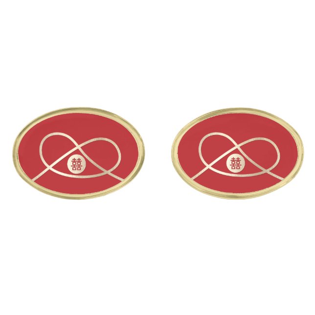 Gold Knot Union Double Happiness Chinese Wedding Cufflinks (Front)
