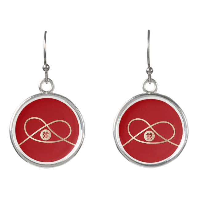 Gold Knot Union Double Happiness Chinese Wedding Earrings (Front)