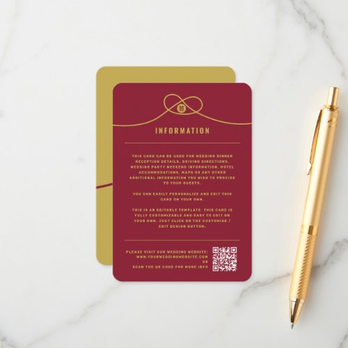 Gold Knot Union Double Happiness Chinese Wedding Enclosure Card