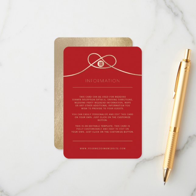 Gold Knot Union Double Happiness Chinese Wedding Enclosure Card (Front/Back In Situ)