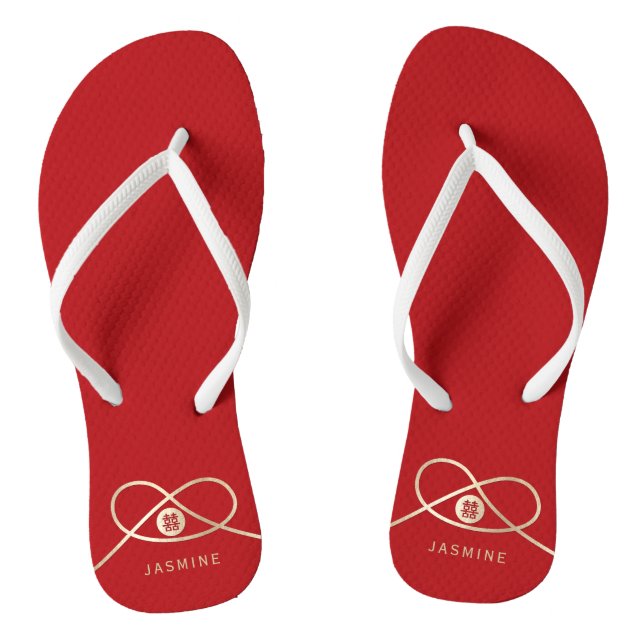 Gold Knot Union Double Happiness Chinese Wedding Flip Flops (Footbed)