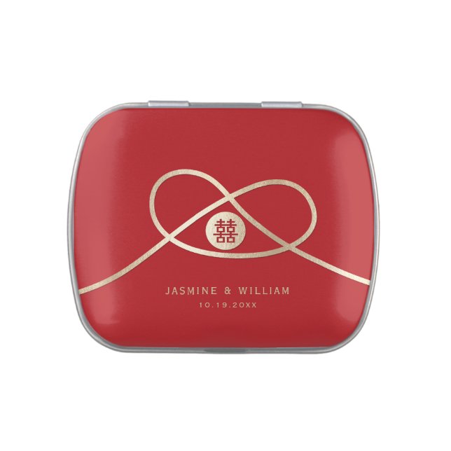 Gold Knot Union Double Happiness Chinese Wedding Jelly Belly Candy Tin (Top)