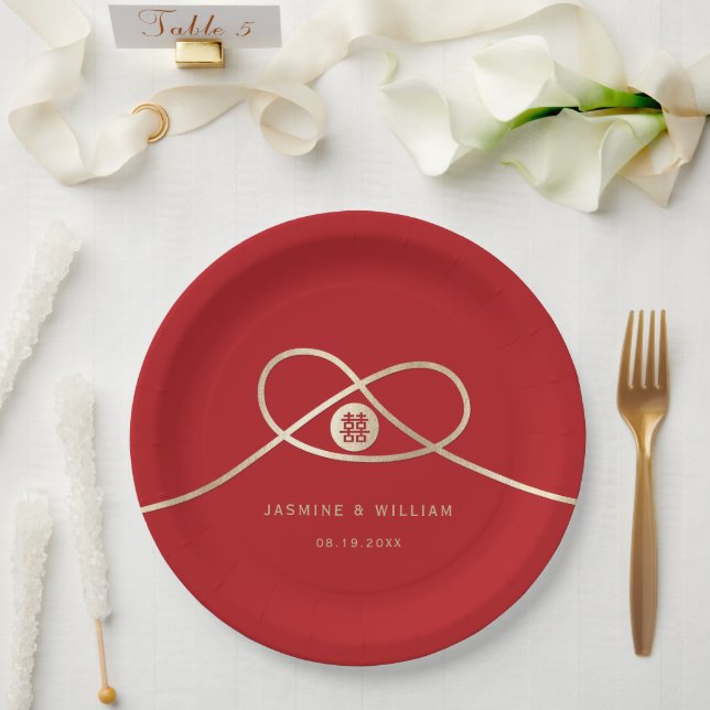 Gold Knot Union Double Happiness Chinese Wedding Paper Plates (Wedding)