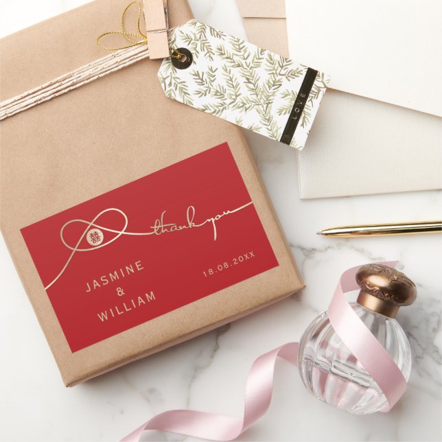 Gold Knot Union Double Happiness Chinese Wedding Rectangular Sticker (Gifting)