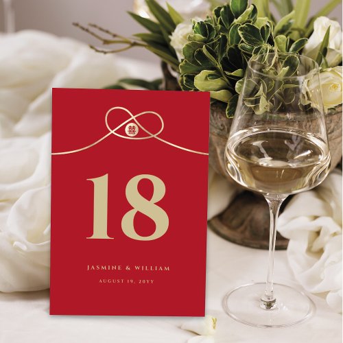 Gold Knot Union Double Happiness Chinese Wedding Table Number