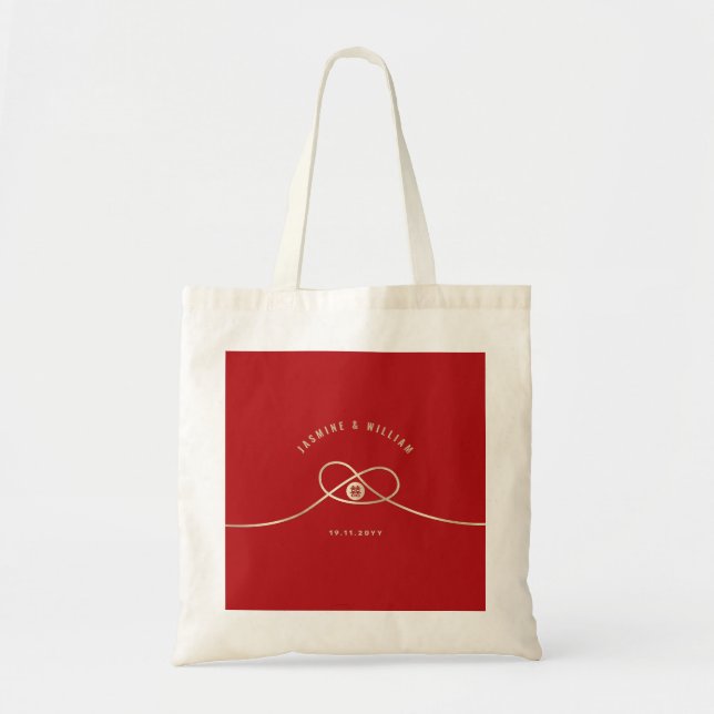 Gold Knot Union Double Happiness Chinese Wedding Tote Bag (Front)