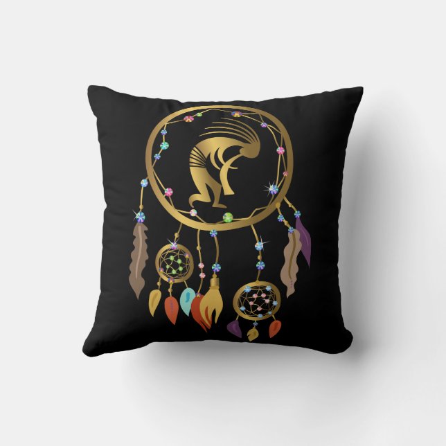 Gold Kokopelli Rhinestone DreamCatcher Throw Pillow (Back)