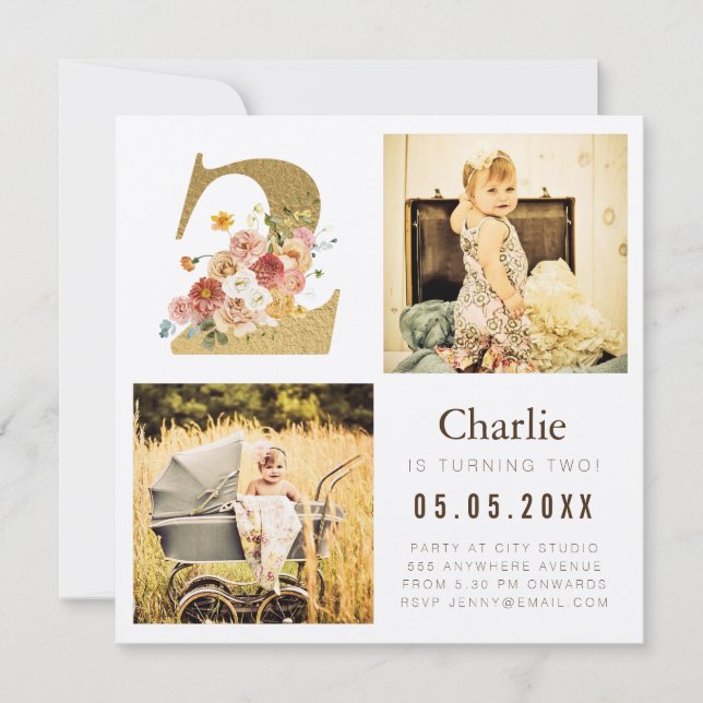 Gold Kraft Foil Two 2nd Birthday Photo Cards (Front)
