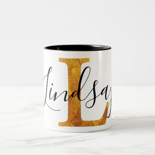 Gold L Monogram w Personalized Name Two_Tone Coffee Mug
