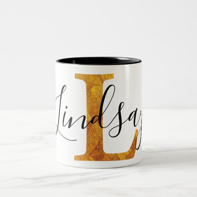 Gold 'L' Monogram w/ Personalized Name Two-Tone Coffee Mug (Center)