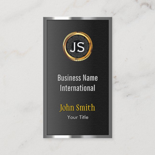 Gold Label Chrome Metal Frame Dark Business Card (Front)