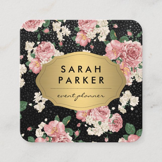 Gold Label Dot Floral Pattern Square Business Card (Front)