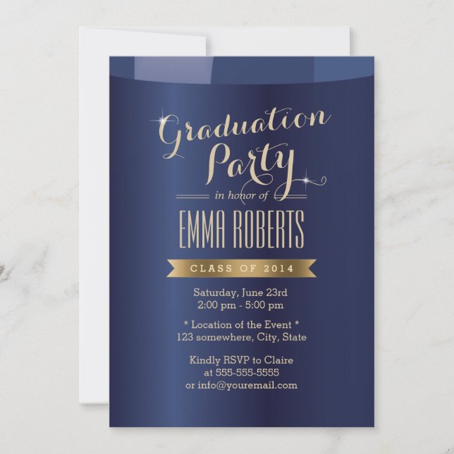 Gold Label Navy Blue Graduation Party Invitations (Front)