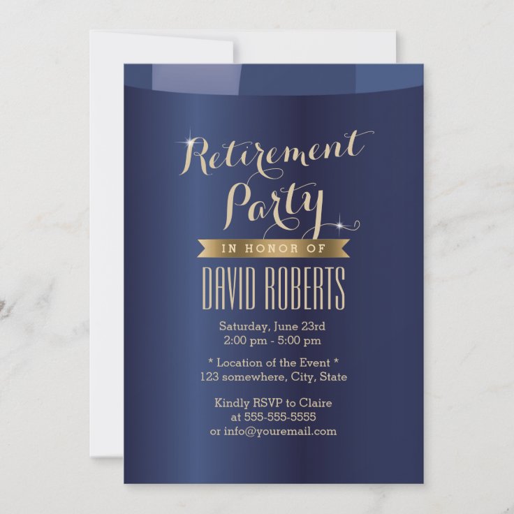 Gold Label Navy Blue Retirement Party Invitations | Zazzle