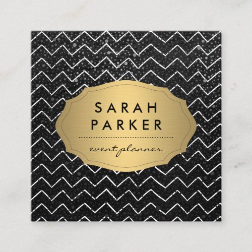 Gold Label with Chic Metallic Dot Chevron Pattern Square Business Card