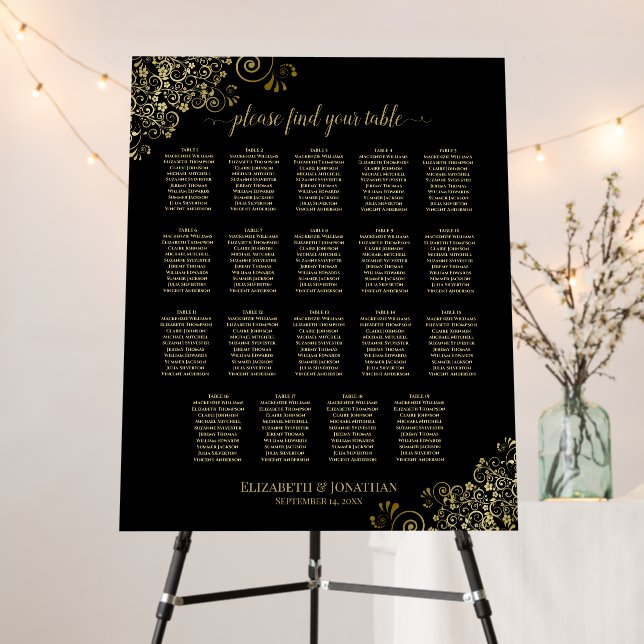 Gold Lace 19 Table Black Wedding Seating Chart Foam Board (In Situ (Stand))