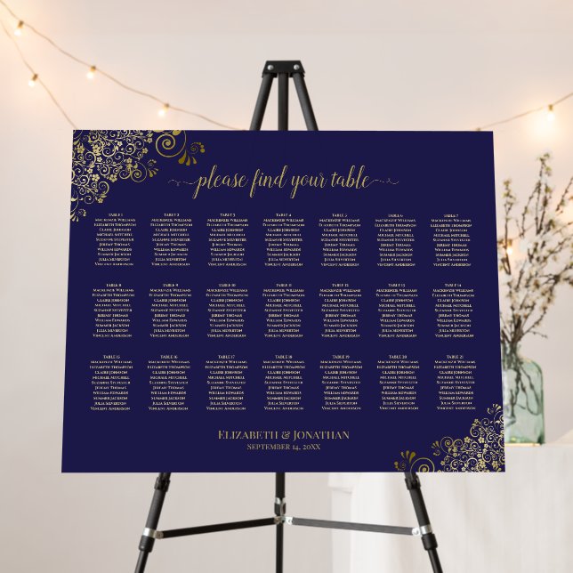 Gold Lace 21 Table Navy Blue Wedding Seating Chart Foam Board (In Situ (Stand))