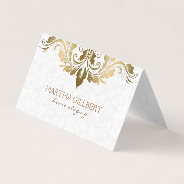 Gold Lace And White Damask Business Card (Front)