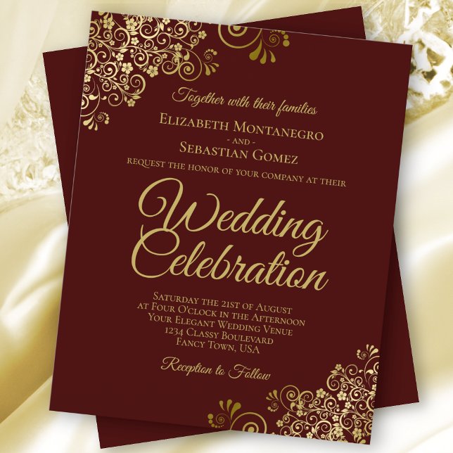 Gold Lace Auburn Brown BUDGET Wedding Invite (Creator Uploaded)