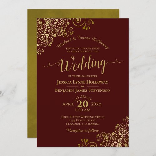 Gold Lace Auburn Brown Elegant Formal Wedding Invitation