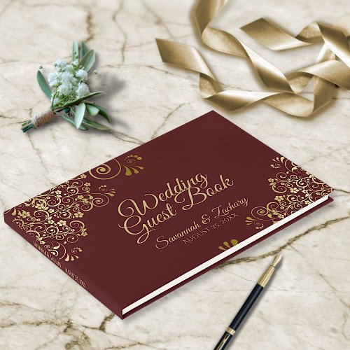 Gold Lace Auburn Brown Frilly Elegant Wedding Guest Book