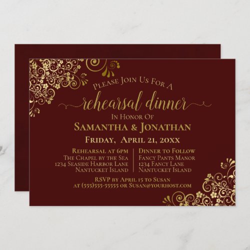 Gold Lace Auburn Brown Wedding Rehearsal Dinner Invitation