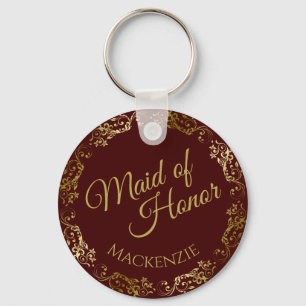 Gold Lace & Auburn Elegant Maid of Honor Wedding Keychain