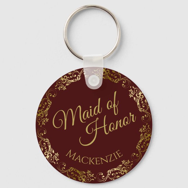 Gold Lace & Auburn Elegant Maid of Honor Wedding Keychain (Front)