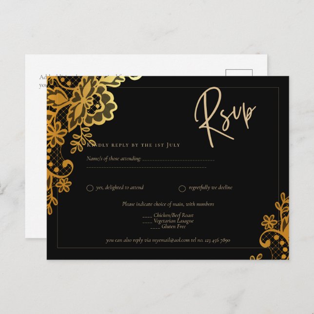 GOLD LACE Black All-in1 Wedding INVITE QR Code (Front/Back)
