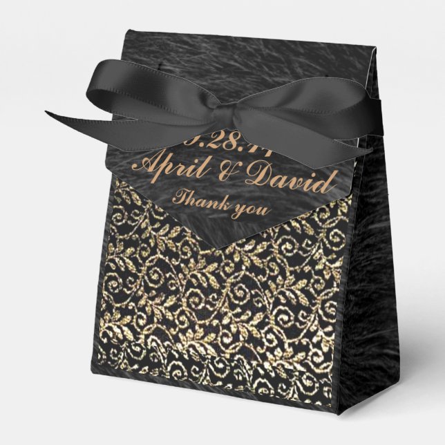 Gold Lace & Black Fur print Tent Favor Box (Front Side)