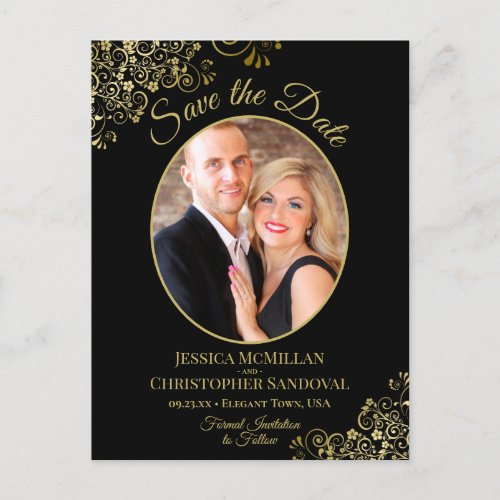 Gold Lace Black Wedding Save the Date Oval Photo Announcement Postcard
