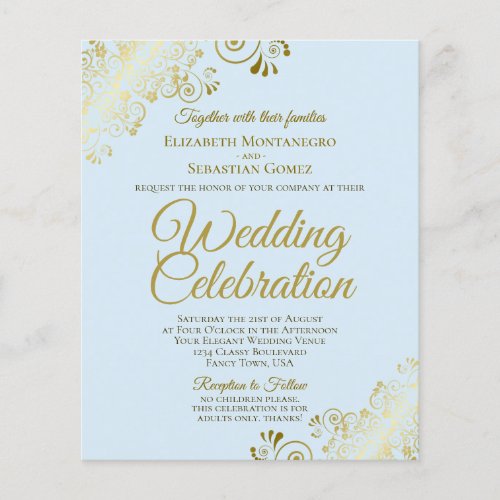 Gold Lace  Blue BUDGET Wedding Invite Adults Only