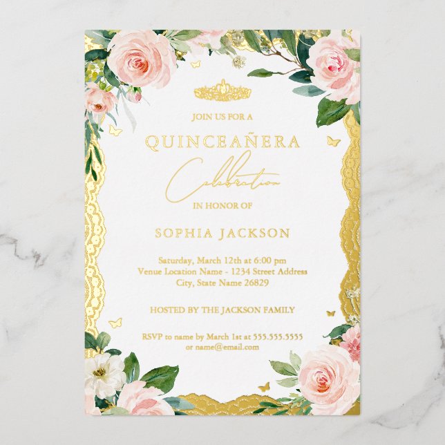 Gold Lace Blush Pink Floral Quinceanera  Foil Invitation (Front)