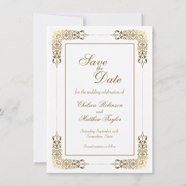 Gold Lace Border Wedding Save the Date (Front)