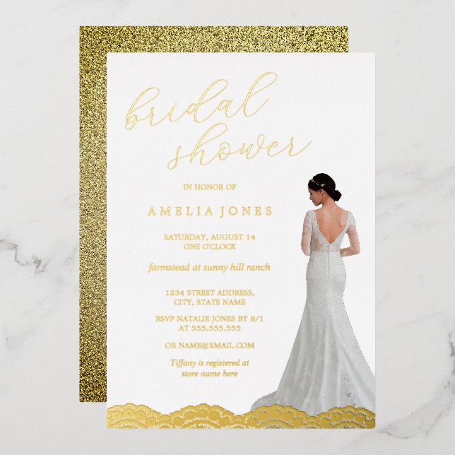 Gold Lace Bride Dress Bridal Shower Foil Invitation (Front/Back)