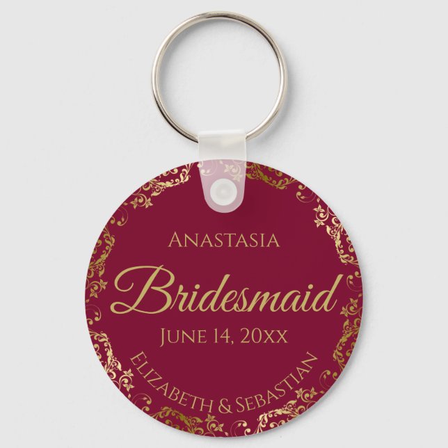 Gold Lace Bridesmaid Wedding Gift Burgundy Maroon Keychain (Front)