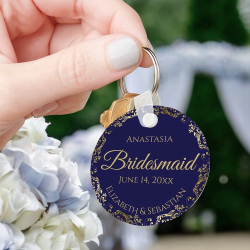 Gold Lace Bridesmaid Wedding Gift Navy Blue Keychain