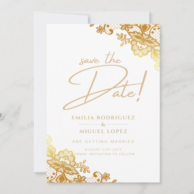 GOLD LACE Budget All-in1 Wedding Save the Date Invitation (Front)