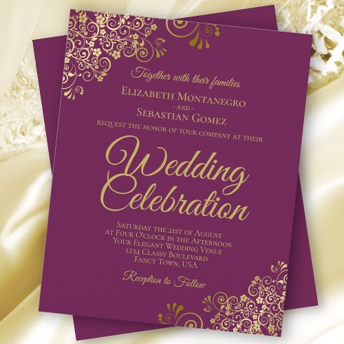 Gold Lace BUDGET Cassis Purple Wedding Invitation