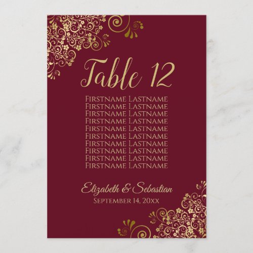 Gold Lace Burgundy Wedding Table Number  10 Names