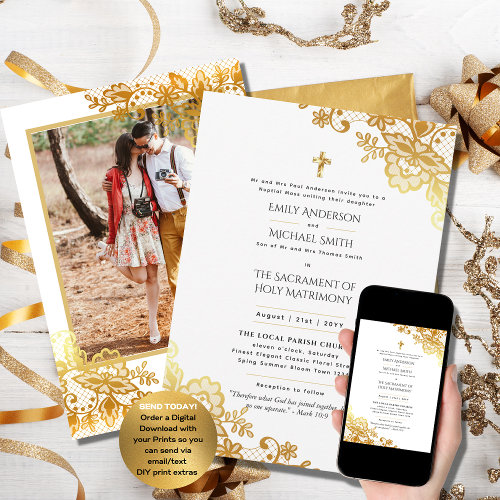 Gold Lace Catholic Nuptial Mass Wedding Invitation
