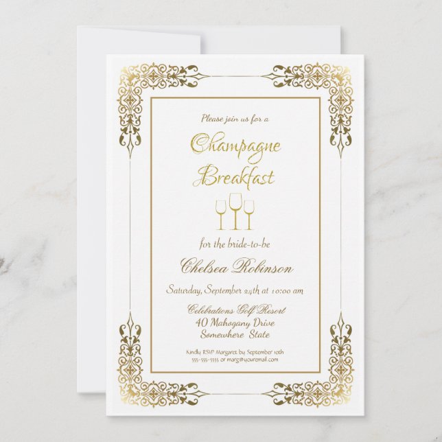 Gold Lace Champagne Breakfast Bridal Shower Invitation (Front)