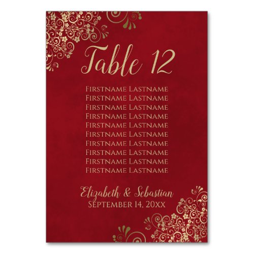 Gold Lace Chic Crimson Red Wedding Seating Chart Table Number