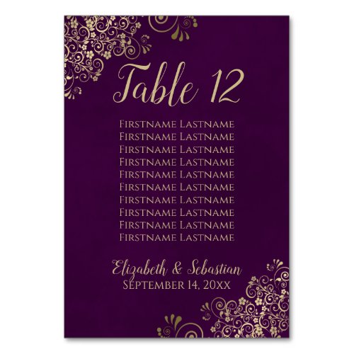 Gold Lace Chic Plum Purple Wedding Seating Chart Table Number